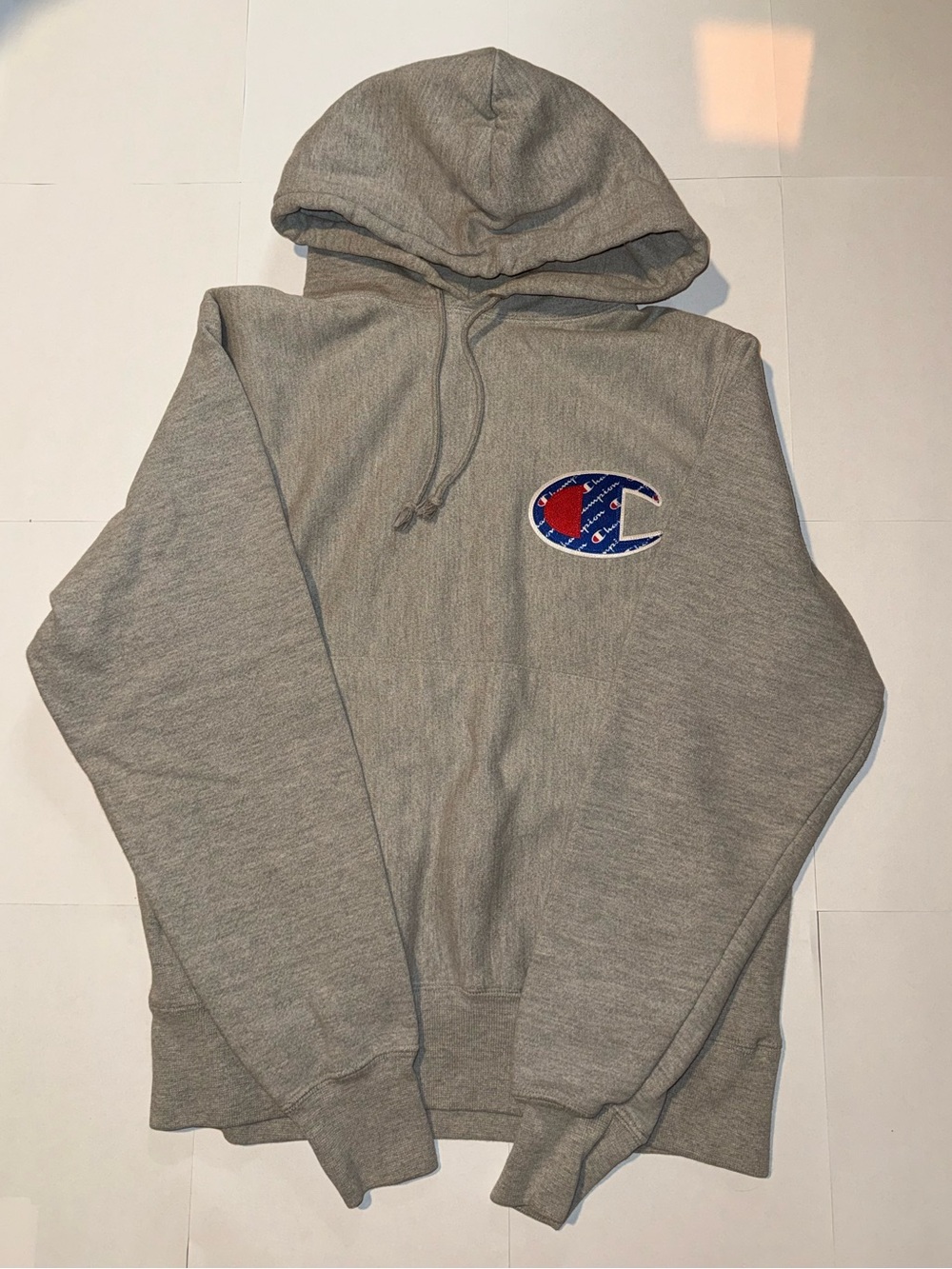 Champion Gray Crewneck Hoodie with Embroidered C Patch